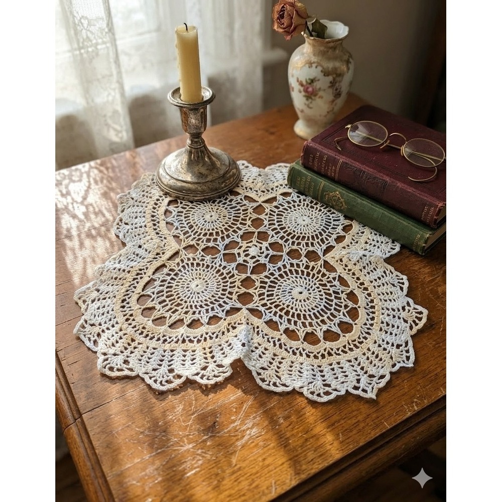 Vintage Handmade Crochet Doily White Yellow Variegated Lace Table Topper 13.5in